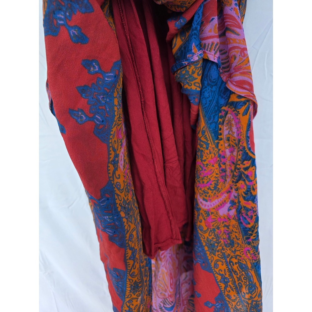 Free People Red Blue Paisley Boho Maxi Dress Size 4 Tassel Tie Back Strappy - Picture 5 of 11